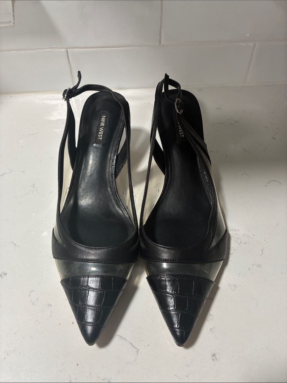 Nine West Black Pointed Toe Slingback Pumps with Croc Texture